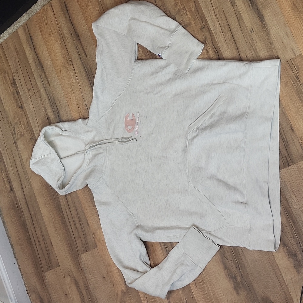 CHAMPION Oatmeal with Pink Cotton Blend Fleece Lined Scuba Hoodie